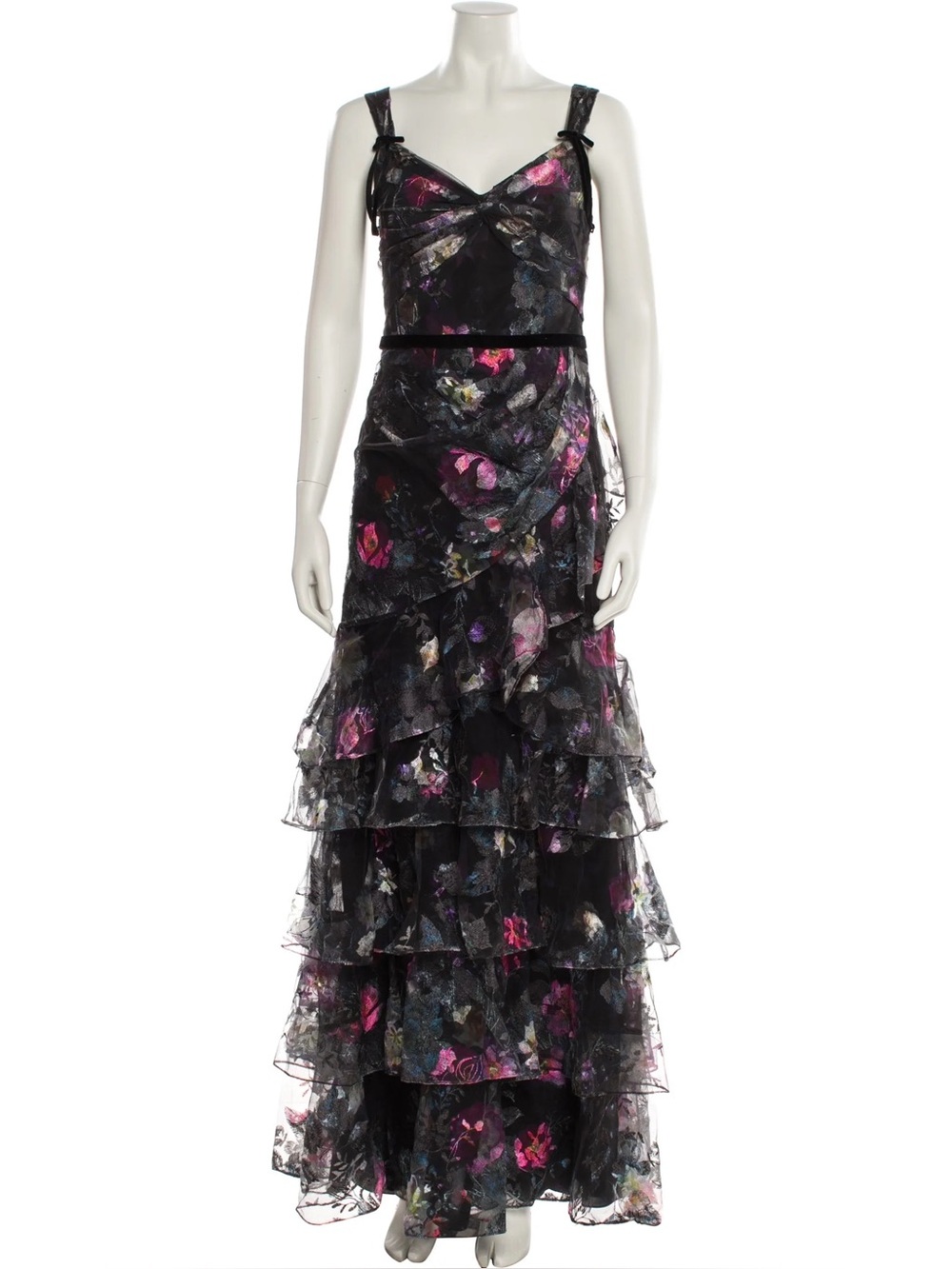 NEW Marchesa Notte Floral Black Tiered Ruffle Evening Gown NWT Size 6